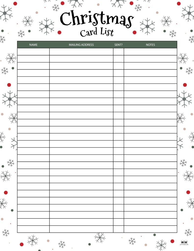 christmas card list templates - 12 free pages | printabulls